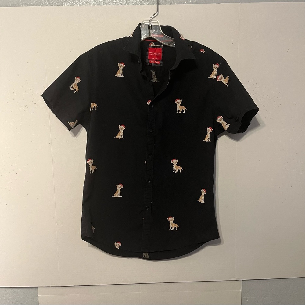 Denim and Flower black small bottom down shirt Christmas theme with chihuahua.